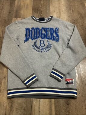 New Era Gray Crewneck Sweatshirt with Blue Dodgers Script